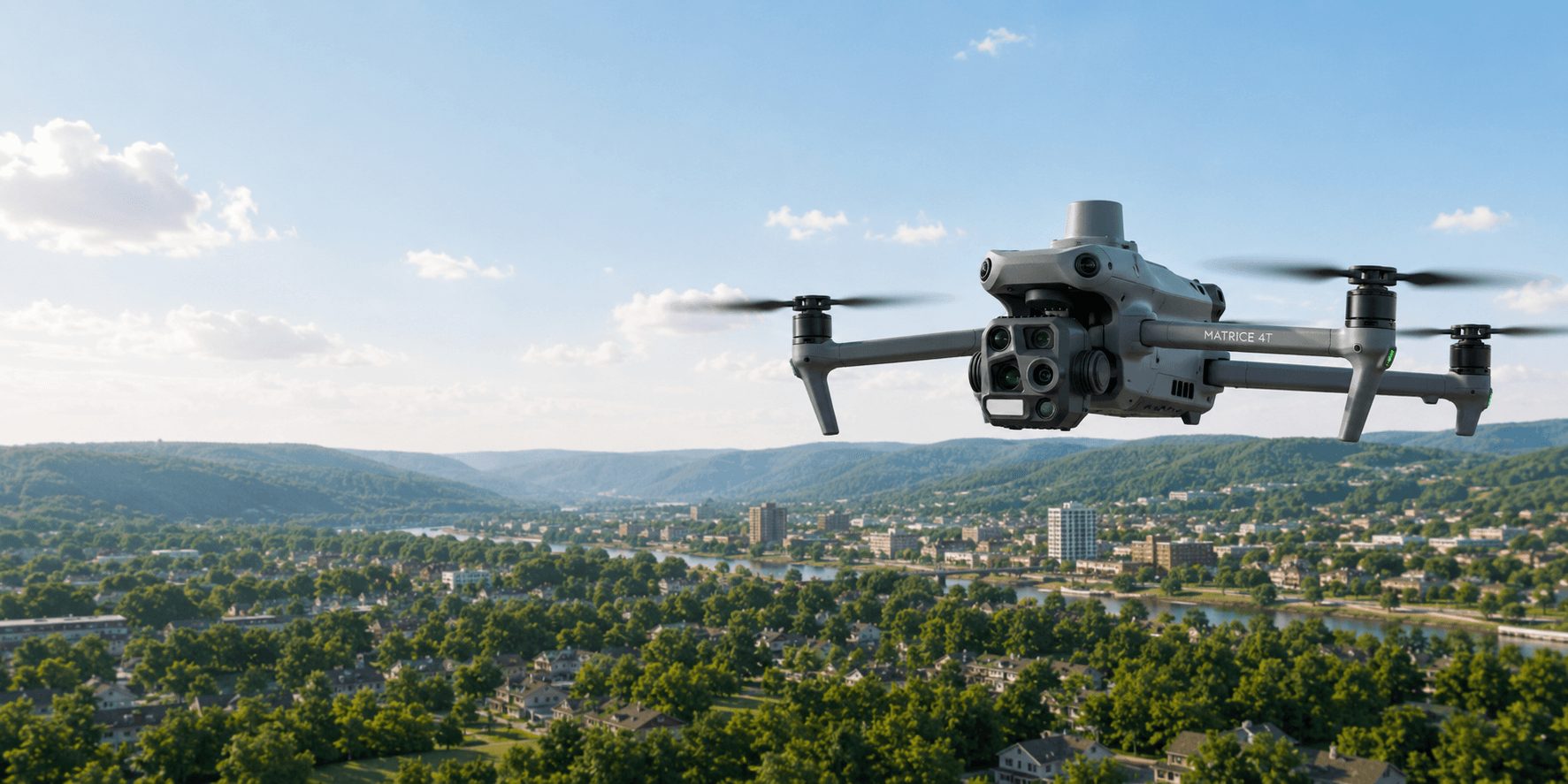 Camera drone flying above a green valley and city