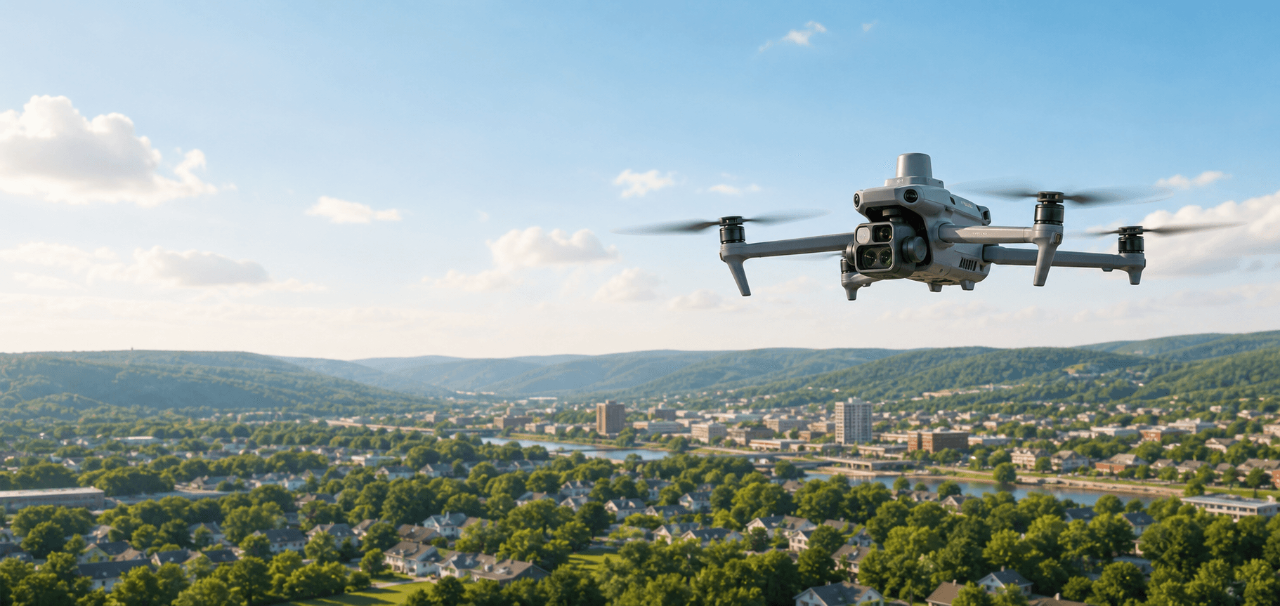 Camera drone flying above a green valley and city